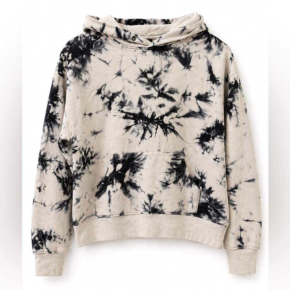 Zine Tie Dye Cropped Hoodie Sweatshirt Neutral Black Cream Pullover Size M